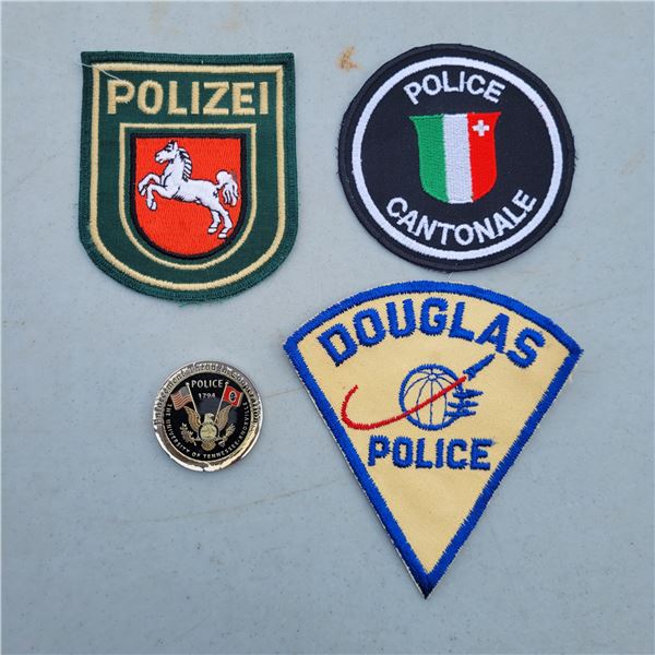 Lot of 3 Foreign Police Patches + 1 Knoxville Tennessee Police Token Medallion