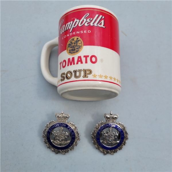 Lot of 2 Edmonton Police Cap Badges + Vtg Campbell Soup Mug
