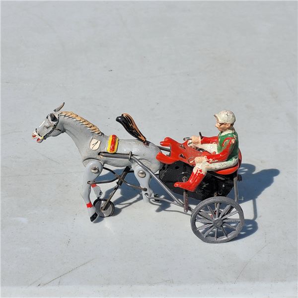 Vintage Metal Mechanical Race Horse with Jockey Toy