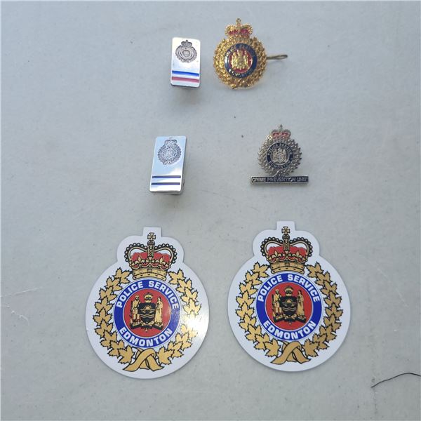 Lot of Edmonton Police Stickers, Service Pins, Etc