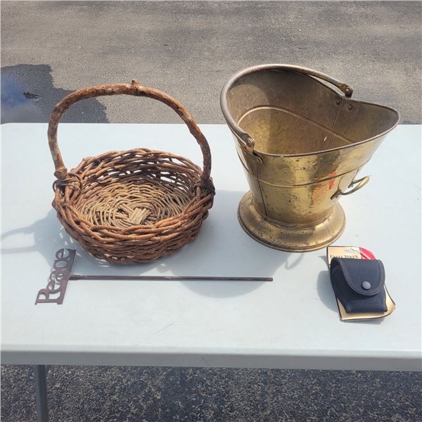 Mixed Estate Lot - Vtg Brass Coal Pail, Wicker Basket, Police Handcuff Pouch +