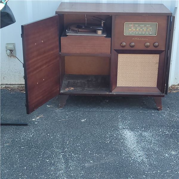 Vintage 1950s Marconi Record Stereo Cabinet.  Turns On, record player turns and there is sound.
