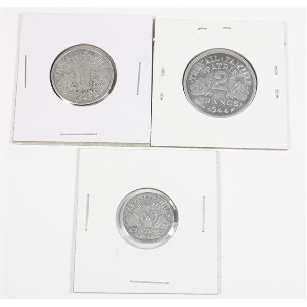 #50 WW2 OCCUPIED FRANCE LOT OF 3 COINS 1943 1944