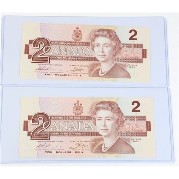 #66 LOT 2 1986 CANADA TWO DOLLAR BILLS SEQUENTIAL