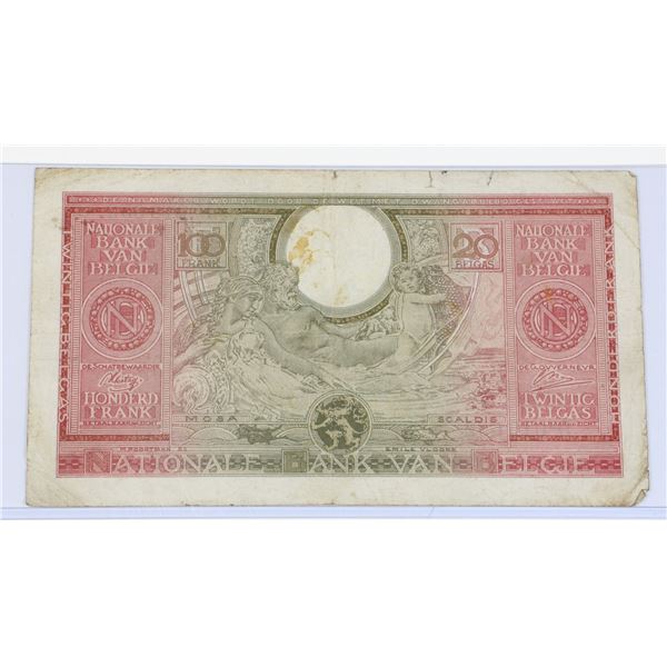 #73 WW2 BELGIAN 100 FRANC 20 BELGAS 1943 MONEY