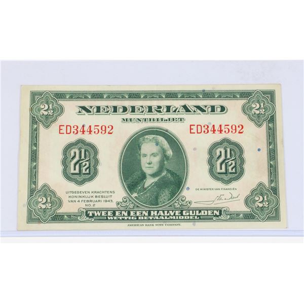 #75 WW2 NETHERLANDS 1943 2 1/2 GULDEN PAPER NOTE
