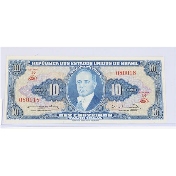 #90 1961 BRAZIL 10 CRUZEIROS PAPER MONEY BILL