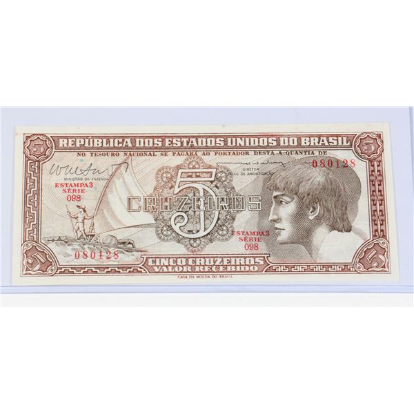 #93 1962 BRAZIL 5 CRUZEIROS PAPER MONEY BILL