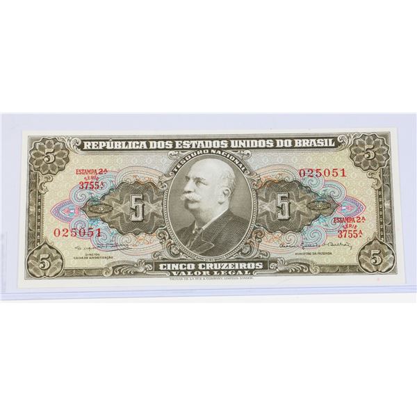 #94 1953 BRAZIL 5 CRUZEIROS PAPER MONEY BILL