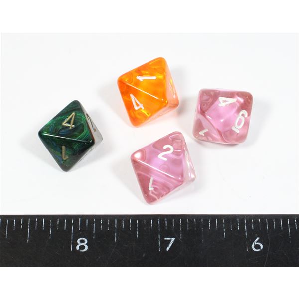 #428 LOT 4 VINTAGE GAME DICE PURPLE GREEN ORANGE