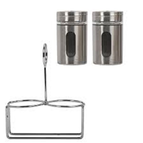 NEW LUCIANO GLASS WINDOW SALT & PEPPER SET W RACK