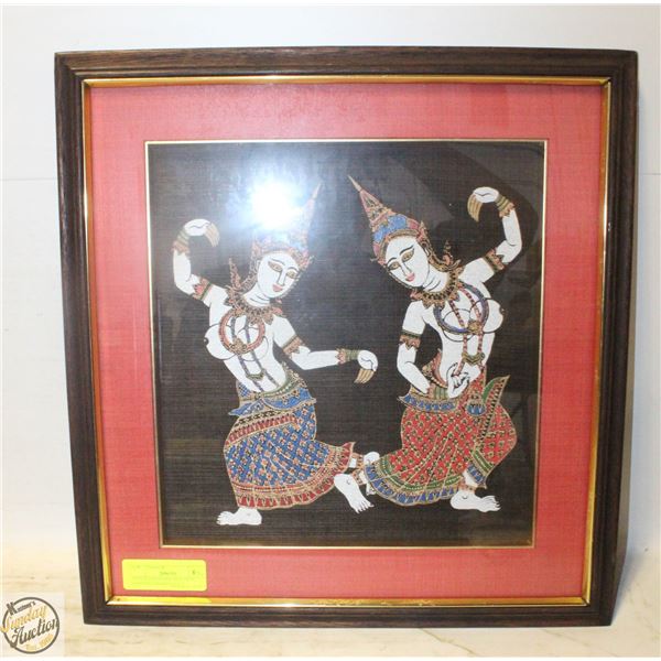 VINTAGE KINNARA SILK THAI PAINTING FRAMED 16.5 X