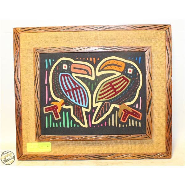 ESTATE CARVED WOOD FRAMED HAND STITCHED