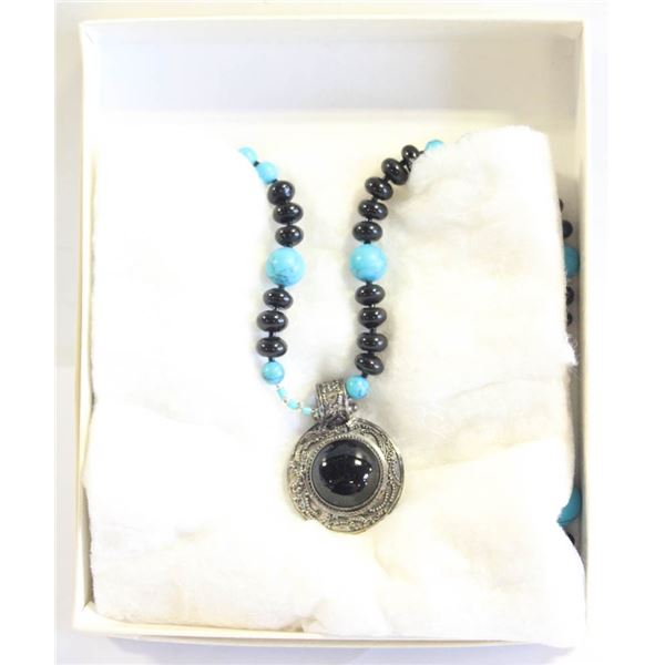 VTG TURQUOISE & ONYX & 925 SILVER NECKLACE