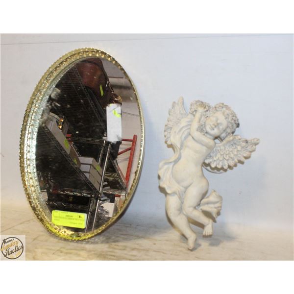 VINTAGE OVAL MIRROR TRAY WITH ANGEL
