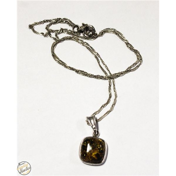 21" STERLING SILVER NECKLACE+AMBER PENDANT