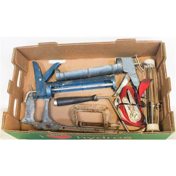 CAULK GUNS, PAINT ROLLER, HACKSAW, C CLAMP