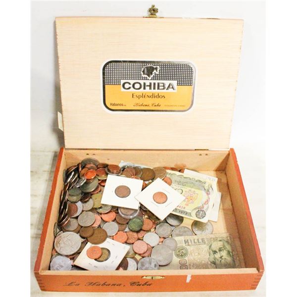 WOODEN CIGAR BOX OF ESTATE COINS & BILLS