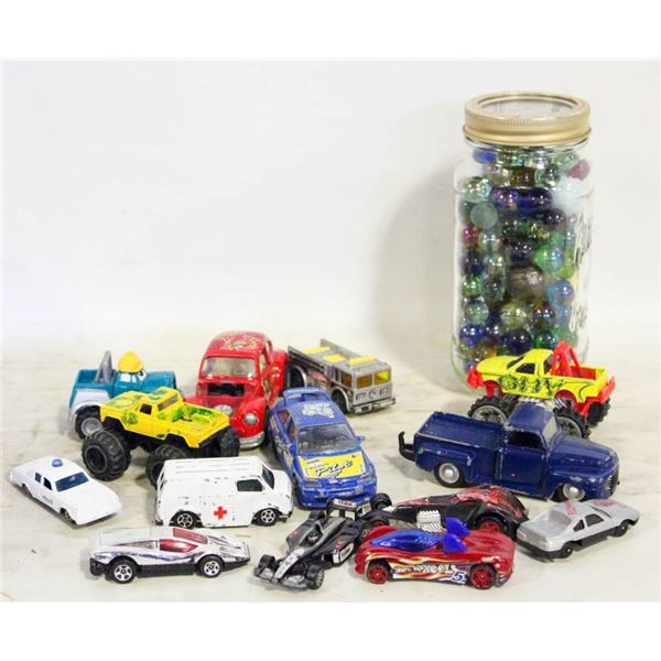 FLAT OF MARBLES AND CARS