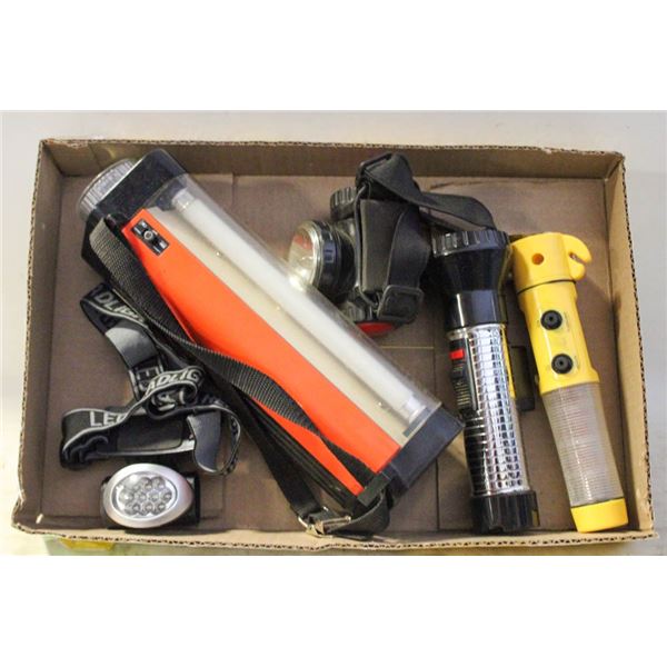 LOT OF FLASHLIGHTS AND HEAD LIGHTS