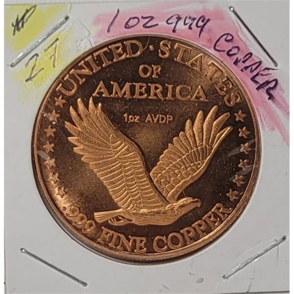15)  ONE OUNCE OF FINE PURE COPPER ROUND,