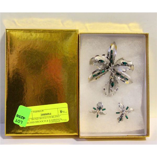 VTG "BOND BOYD STERLING" ORCHID BROOCH & EARRINGS