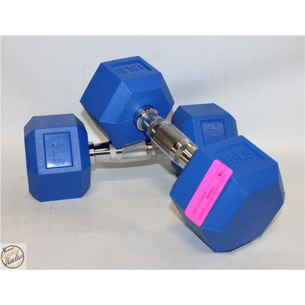 NEW 2 X 18LB DUMBBELLS BLUE
