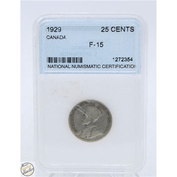 1929 25 CENT NNC CERTIFIED F-15