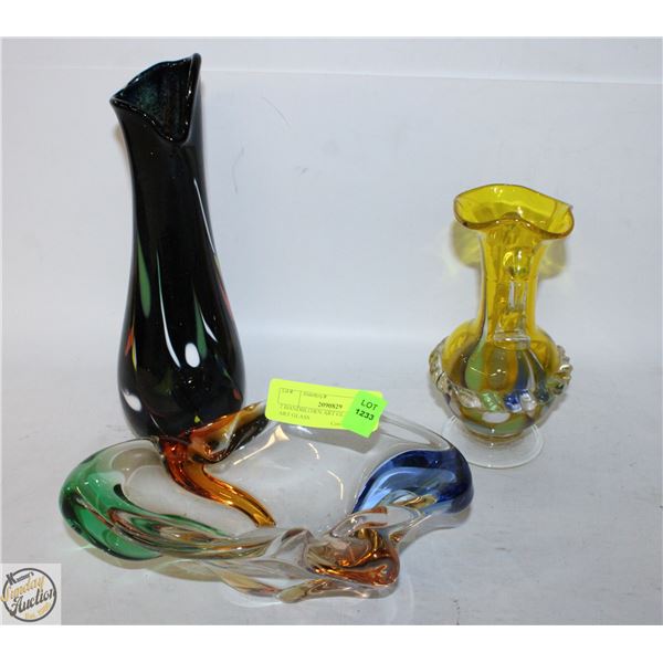 2 HANDBLOWN ART GLASS VASES + ART GLASS
