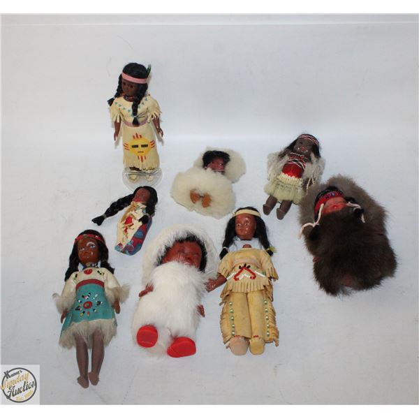 8 VARIOUS NATIVE DOLLS (1 W/BROKEN ARM + HEAD FOR