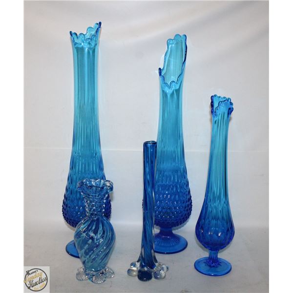 ALL BLUE ART GLASS COLLECTION OF 4 VASES