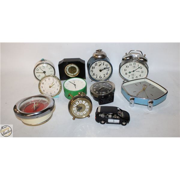 BOX OF VINTAGE CLOCKS(CAR+SILVER CARDINAL ARE NOT)