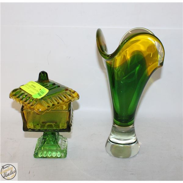 PEDESTAL LIDDED CANDY DISH GREEN YELLOW