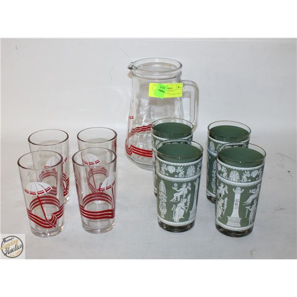 CLEAR+RED WATER JUG + MATCHING CUPS &