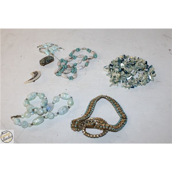 MULTI-BLUE 4 NECKLACES + 3 PINS VARIOUS MATERIALS