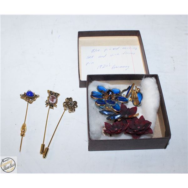 3 STICK PINS+BOX HAS 2 W.GERMAN BROACHES+EARRINGS