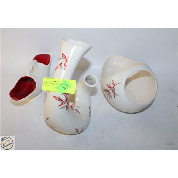 3 ORNATELY MADE VASES/DISHES CREAM/RED