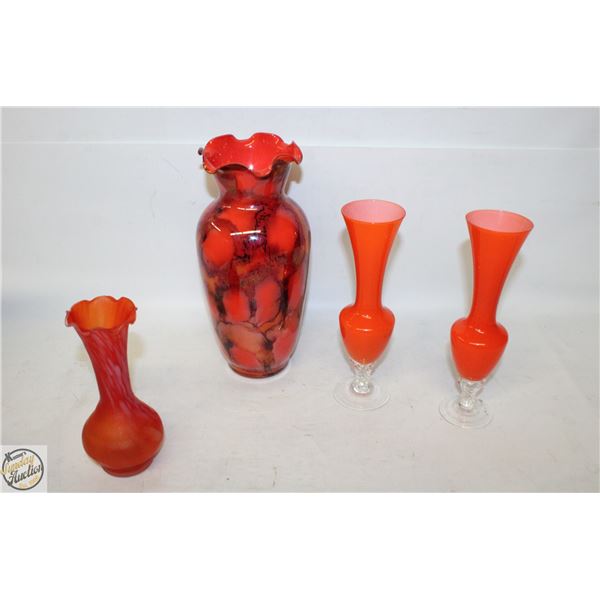 4 ART GLASS ORANGE FLOWER VASES