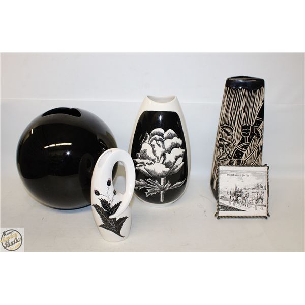 4 DIFFERENT POTTERY VASES ORNATELY ETCHED