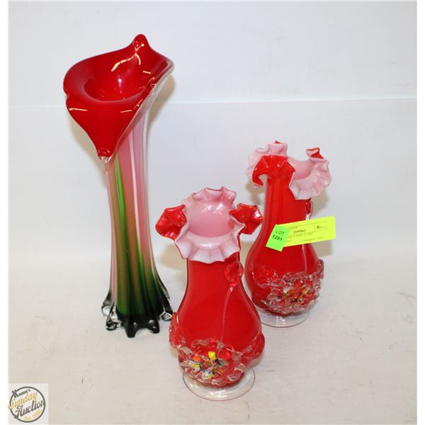 3 ART GLASS VASES (2 ARE MATCHING)