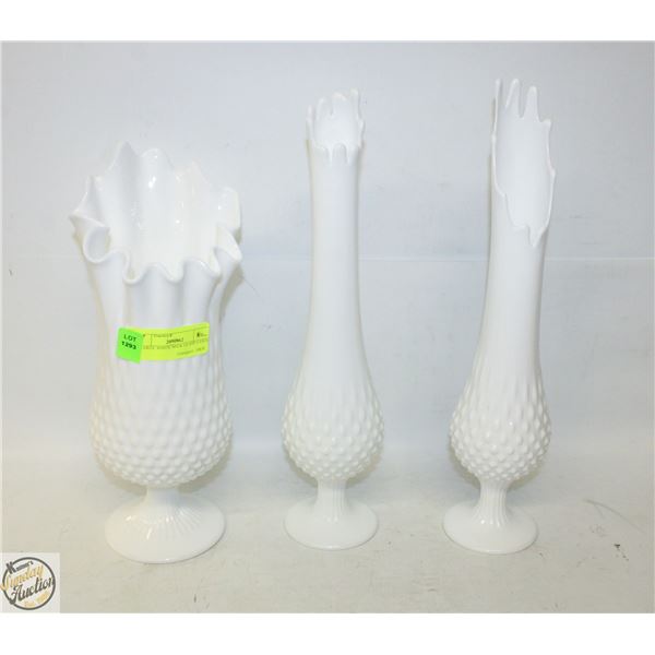 3 LARGE WHITE MILK GLASS VASES