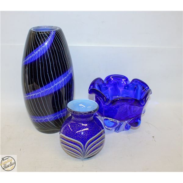 3 THICK BLUE ART GLASS VASES/BOWL