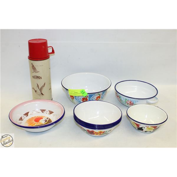 ENAMEL DISHES+VINTAGE DUCK THEMED THERMOS