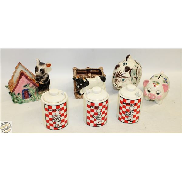 VINTAGE CONDIMENTS POTTERY DISHES WITH