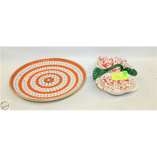 ORANGE/WHITE TILE PLATE SPECKLED FLOWER DISH