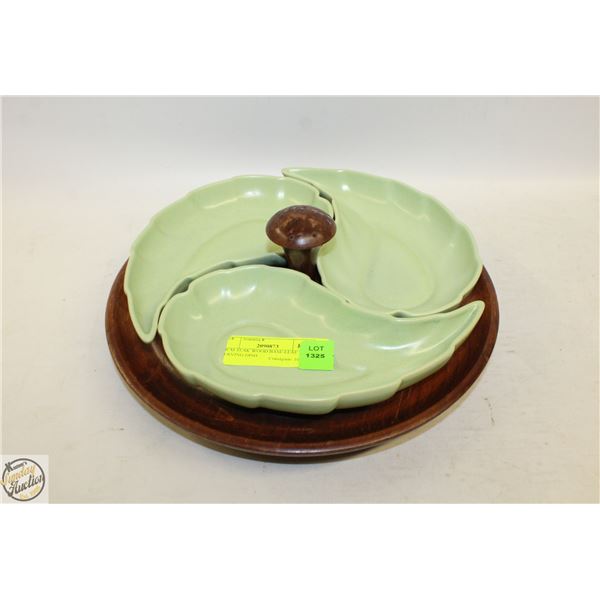 MCM TEAK WOOD BASE LEAF 3 DISH SERVING DISH