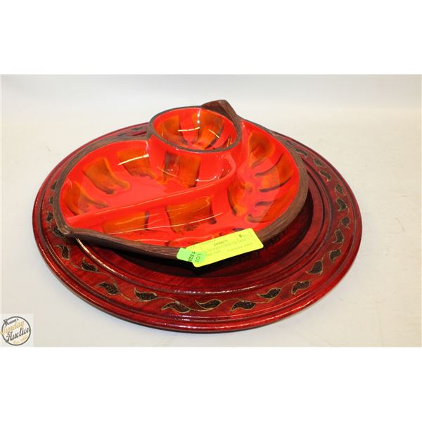 CARVED WOODEN ROUND TRAY + MCM CHIP+DIP