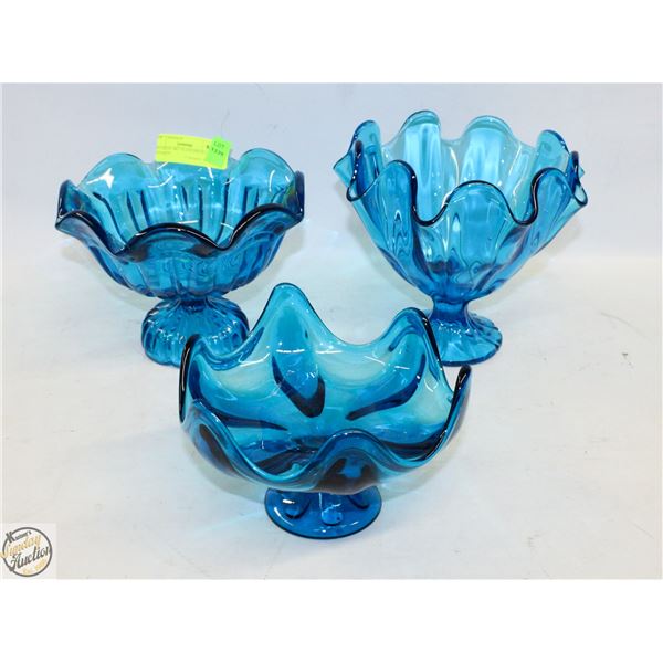 3PCS BLUE ART GLASS PIECES ALL DIFFERENT