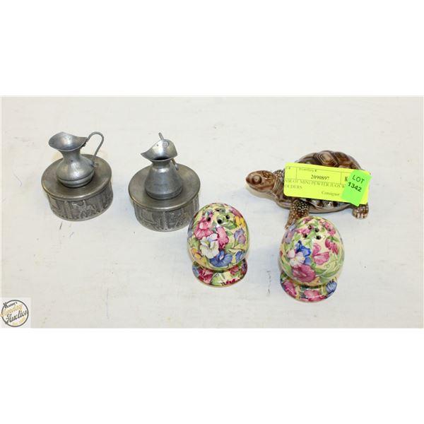 PAIR OF MINI PEWTER JUGS WITH HOLDERS