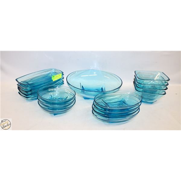 BLUE TRANSPARENT GLASS DISHWARE 17PCS